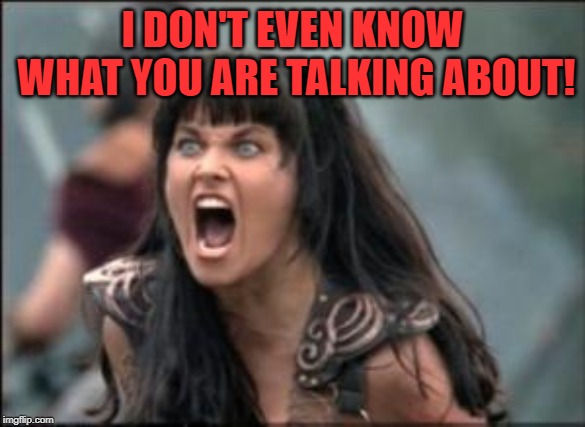 xena mad | I DON'T EVEN KNOW WHAT YOU ARE TALKING ABOUT! | image tagged in xena mad | made w/ Imgflip meme maker