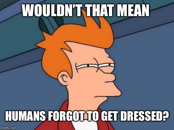 Futurama Fry Meme | WOULDN’T THAT MEAN HUMANS FORGOT TO GET DRESSED? | image tagged in memes,futurama fry | made w/ Imgflip meme maker