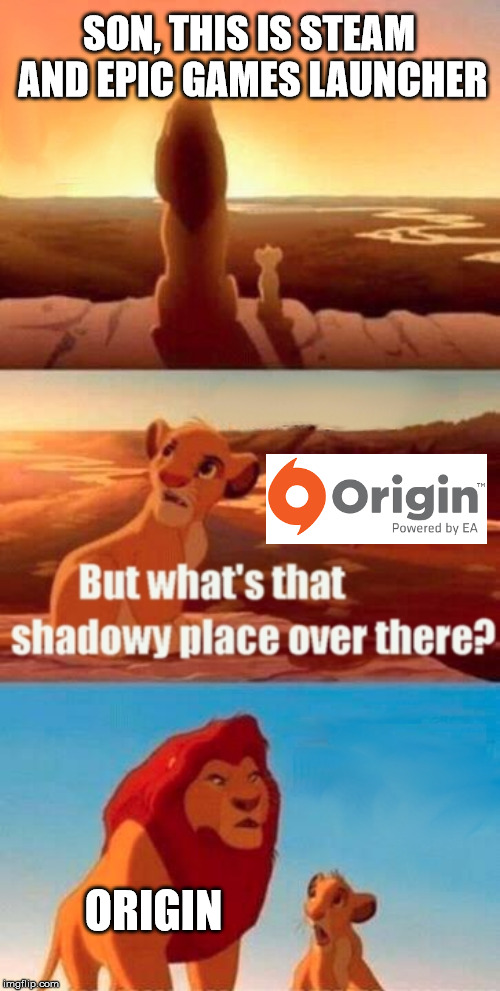Simba Shadowy Place Meme | SON, THIS IS STEAM AND EPIC GAMES LAUNCHER; ORIGIN | image tagged in memes,simba shadowy place | made w/ Imgflip meme maker