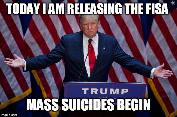 Donald Trump | TODAY I AM RELEASING THE FISA; MASS SUICIDES BEGIN | image tagged in donald trump | made w/ Imgflip meme maker