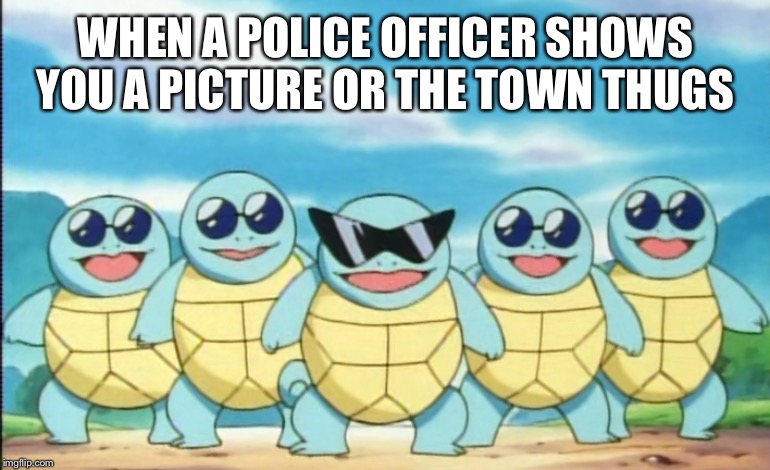 WHEN A POLICE OFFICER SHOWS YOU A PICTURE OR THE TOWN THUGS | image tagged in squirtle,squad,pokemon,video games,and just like that,just for fun | made w/ Imgflip meme maker