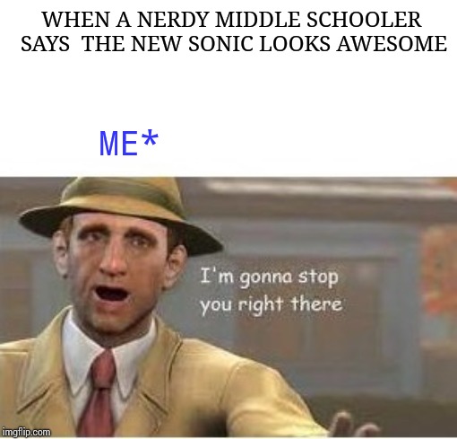 im going to stop you right there | WHEN A NERDY MIDDLE SCHOOLER SAYS  THE NEW SONIC LOOKS AWESOME; ME* | image tagged in im going to stop you right there | made w/ Imgflip meme maker