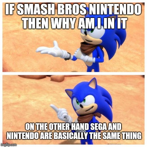 Sonic boom | IF SMASH BROS NINTENDO THEN WHY AM I IN IT; ON THE OTHER HAND SEGA AND NINTENDO ARE BASICALLY THE SAME THING | image tagged in sonic boom | made w/ Imgflip meme maker
