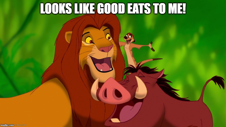 SImba, Timon and Pumba | LOOKS LIKE GOOD EATS TO ME! | image tagged in simba timon and pumba | made w/ Imgflip meme maker