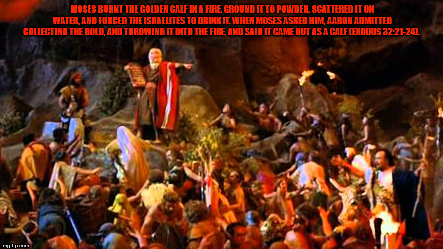 MOSES BURNT THE GOLDEN CALF IN A FIRE, GROUND IT TO POWDER, SCATTERED IT ON WATER, AND FORCED THE ISRAELITES TO DRINK IT. WHEN MOSES ASKED H | made w/ Imgflip meme maker