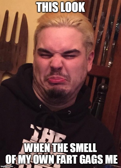 Gross face | THIS LOOK; WHEN THE SMELL OF MY OWN FART GAGS ME | image tagged in gross face | made w/ Imgflip meme maker