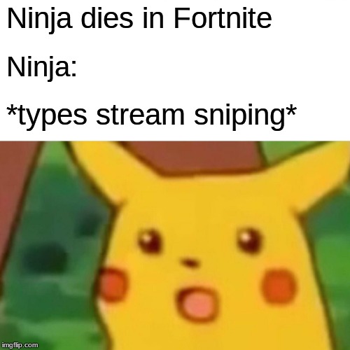 Surprised Pikachu | Ninja dies in Fortnite; Ninja:; *types stream sniping* | image tagged in memes,surprised pikachu | made w/ Imgflip meme maker