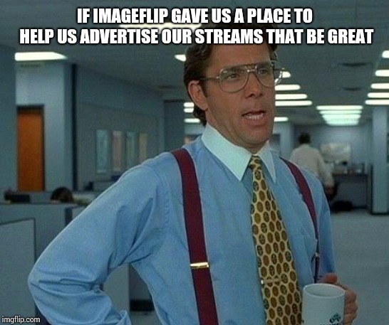 That Would Be Great | IF IMAGEFLIP GAVE US A PLACE TO HELP US ADVERTISE OUR STREAMS THAT BE GREAT | image tagged in memes,that would be great | made w/ Imgflip meme maker