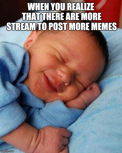 sleeping baby laughing | WHEN YOU REALIZE THAT THERE ARE MORE STREAM TO POST MORE MEMES | image tagged in sleeping baby laughing | made w/ Imgflip meme maker