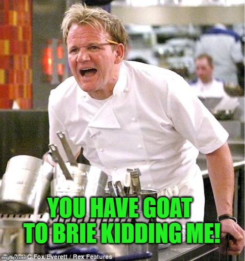 Chef Gordon Ramsay Meme | YOU HAVE GOAT TO BRIE KIDDING ME! | image tagged in memes,chef gordon ramsay | made w/ Imgflip meme maker