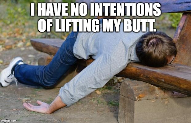 exhausted  | I HAVE NO INTENTIONS OF LIFTING MY BUTT. | image tagged in exhausted | made w/ Imgflip meme maker
