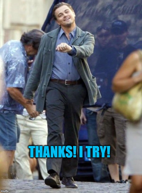 Dicaprio walking | THANKS! I TRY! | image tagged in dicaprio walking | made w/ Imgflip meme maker