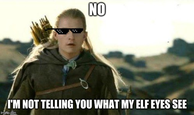 Legolas elf eyes | NO; I'M NOT TELLING YOU WHAT MY ELF EYES SEE | image tagged in legolas elf eyes | made w/ Imgflip meme maker