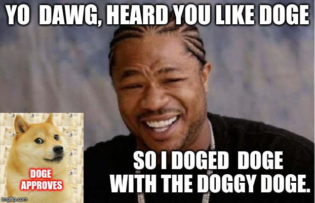 Doggy? | YO  DAWG, HEARD YOU LIKE DOGE; SO I DOGED  DOGE WITH THE DOGGY DOGE. DOGE APPROVES | image tagged in memes,yo dawg heard you,doge | made w/ Imgflip meme maker