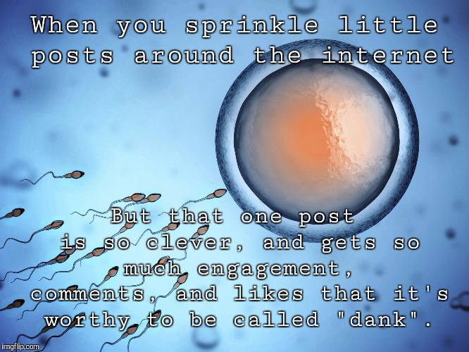 Sperm and Egg Fertilization | When you sprinkle little posts around the internet; But that one post is so clever, and gets so much engagement, comments, and likes that it's worthy to be called "dank". | image tagged in sperm and egg fertilization,memes,dank memes | made w/ Imgflip meme maker