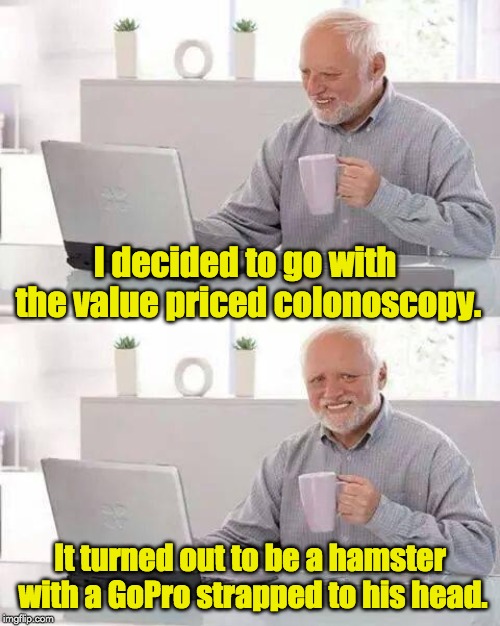 Hide the Pain Harold Meme | I decided to go with the value priced colonoscopy. It turned out to be a hamster with a GoPro strapped to his head. | image tagged in memes,hide the pain harold | made w/ Imgflip meme maker