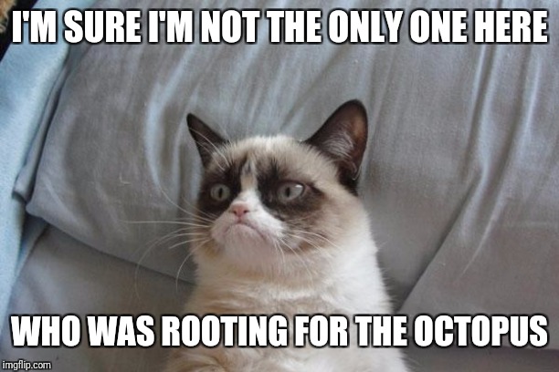 Grumpy Cat Bed Meme | I'M SURE I'M NOT THE ONLY ONE HERE WHO WAS ROOTING FOR THE OCTOPUS | image tagged in memes,grumpy cat bed,grumpy cat | made w/ Imgflip meme maker