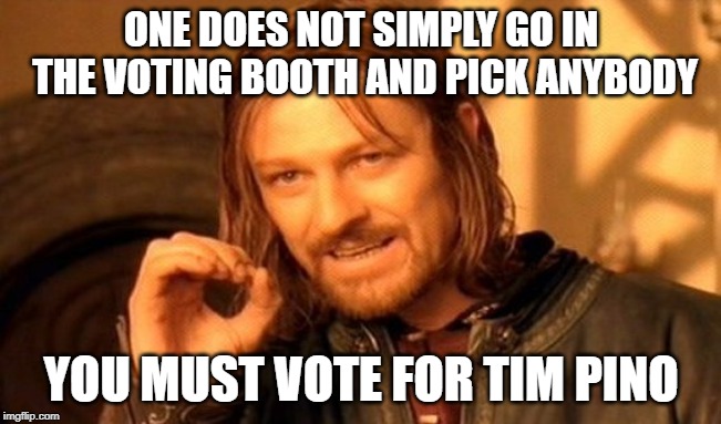 Tim Pino for Sheriff | ONE DOES NOT SIMPLY GO IN THE VOTING BOOTH AND PICK ANYBODY; YOU MUST VOTE FOR TIM PINO | image tagged in tim pino,lisa payne,u r home realty,somerset county,ninja | made w/ Imgflip meme maker