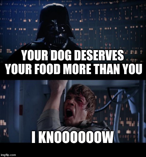 Star Wars No | YOUR DOG DESERVES YOUR FOOD MORE THAN YOU; I KNOOOOOOW | image tagged in memes,star wars no | made w/ Imgflip meme maker