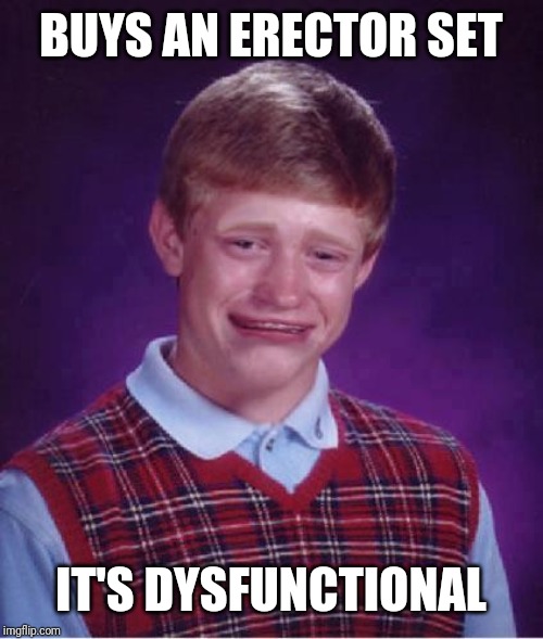 Bad Luck Brian Cry | BUYS AN ERECTOR SET; IT'S DYSFUNCTIONAL | image tagged in bad luck brian cry | made w/ Imgflip meme maker