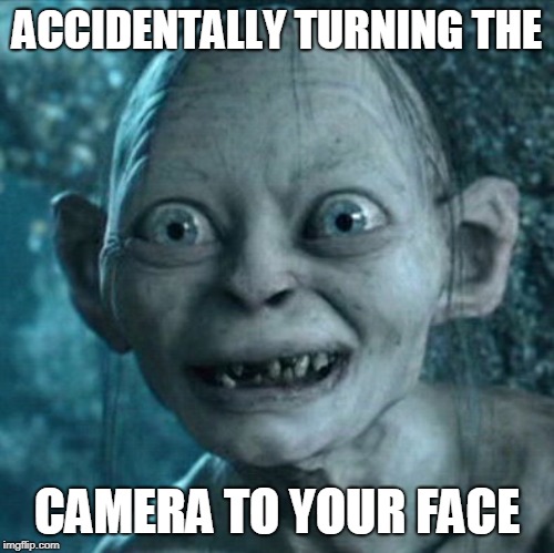 Gollum | ACCIDENTALLY TURNING THE; CAMERA TO YOUR FACE | image tagged in memes,gollum | made w/ Imgflip meme maker