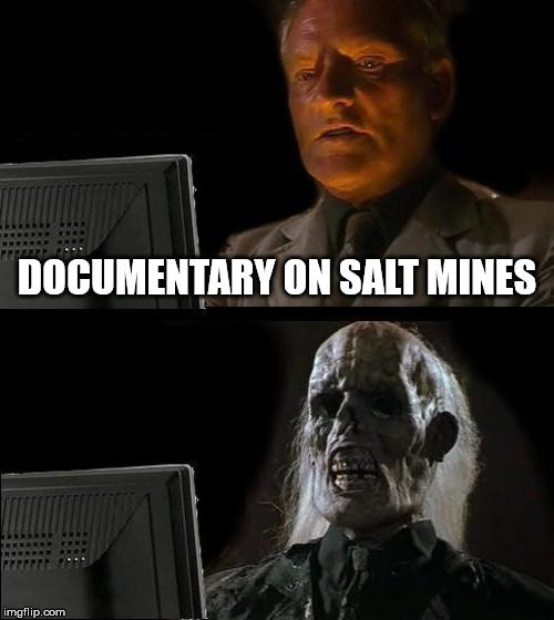 I'll Just Wait Here Meme | DOCUMENTARY ON SALT MINES | image tagged in memes,ill just wait here | made w/ Imgflip meme maker