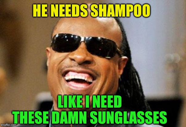 Stevie Wonder | HE NEEDS SHAMPOO LIKE I NEED THESE DAMN SUNGLASSES | image tagged in stevie wonder | made w/ Imgflip meme maker
