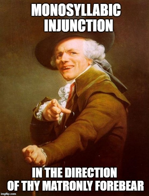 Joseph Ducreux Meme | MONOSYLLABIC 
INJUNCTION; IN THE DIRECTION OF THY MATRONLY FOREBEAR | image tagged in memes,joseph ducreux | made w/ Imgflip meme maker