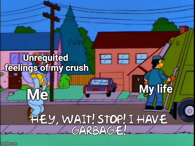 Hey wait! stop! i have garbage! | Unrequited feelings of my crush; My life; Me | image tagged in hey wait stop i have garbage,crush,my life | made w/ Imgflip meme maker