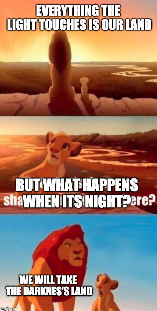 LOGIC | EVERYTHING THE LIGHT TOUCHES IS OUR LAND; BUT WHAT HAPPENS WHEN ITS NIGHT? WE WILL TAKE THE DARKNES'S LAND | image tagged in memes,simba shadowy place | made w/ Imgflip meme maker