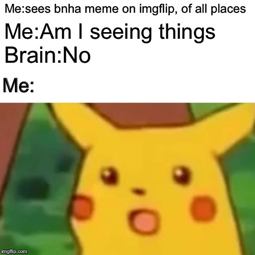 Surprised Pikachu Meme | Me:sees bnha meme on imgflip, of all places Me:Am I seeing things Brain:No Me: | image tagged in memes,surprised pikachu | made w/ Imgflip meme maker