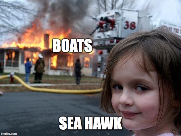 Disaster Girl Meme | BOATS; SEA HAWK | image tagged in memes,disaster girl | made w/ Imgflip meme maker
