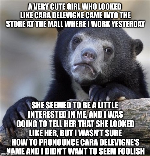 Confession Bear Meme | A VERY CUTE GIRL WHO LOOKED LIKE CARA DELEVIGNE CAME INTO THE STORE AT THE MALL WHERE I WORK YESTERDAY; SHE SEEMED TO BE A LITTLE INTERESTED IN ME, AND I WAS GOING TO TELL HER THAT SHE LOOKED LIKE HER, BUT I WASN’T SURE HOW TO PRONOUNCE CARA DELEVIGNE’S NAME AND I DIDN’T WANT TO SEEM FOOLISH | image tagged in memes,confession bear | made w/ Imgflip meme maker