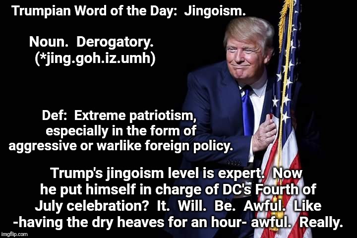 trump flag | Trumpian Word of the Day:  Jingoism. Noun.  Derogatory.  (*jing.goh.iz.umh); Def:  Extreme patriotism, especially in the form of aggressive or warlike foreign policy. Trump's jingoism level is expert.  Now he put himself in charge of DC's Fourth of July celebration?  It.  Will.  Be.  Awful.  Like -having the dry heaves for an hour- awful.  Really. | image tagged in trump flag | made w/ Imgflip meme maker