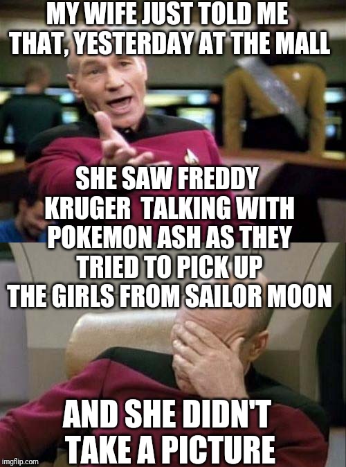 Woman! What We're You Thinking? | MY WIFE JUST TOLD ME THAT, YESTERDAY AT THE MALL; SHE SAW FREDDY KRUGER  TALKING WITH POKEMON ASH AS THEY TRIED TO PICK UP THE GIRLS FROM SAILOR MOON; AND SHE DIDN'T TAKE A PICTURE | image tagged in picard wtf and facepalm combined,cosplay,funny picture,oops,whoops,why | made w/ Imgflip meme maker