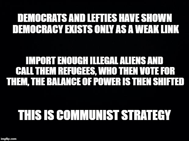 Black background | DEMOCRATS AND LEFTIES HAVE SHOWN DEMOCRACY EXISTS ONLY AS A WEAK LINK; IMPORT ENOUGH ILLEGAL ALIENS AND CALL THEM REFUGEES, WHO THEN VOTE FOR THEM, THE BALANCE OF POWER IS THEN SHIFTED; THIS IS COMMUNIST STRATEGY | image tagged in black background | made w/ Imgflip meme maker