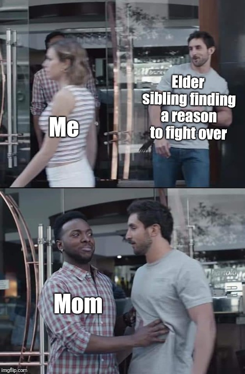Mom stopping | Elder sibling finding a reason to fight over; Me; Mom | image tagged in black guy stopping,mom,mother,mothers day,mummy,mum | made w/ Imgflip meme maker