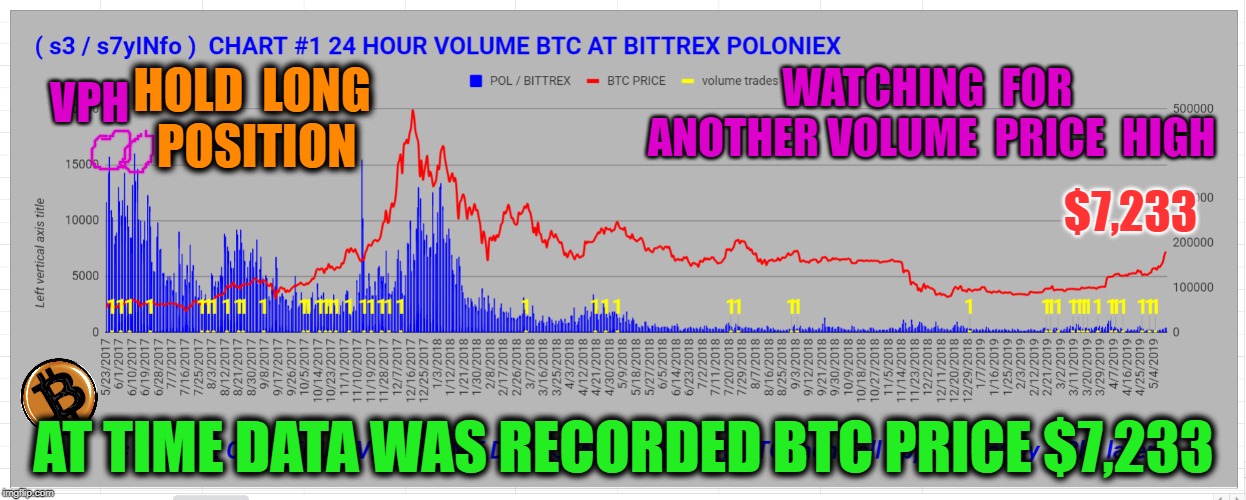 VPH; WATCHING  FOR  ANOTHER VOLUME  PRICE  HIGH; HOLD  LONG  POSITION; $7,233; AT TIME DATA WAS RECORDED BTC PRICE $7,233 | made w/ Imgflip meme maker