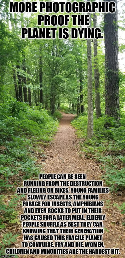 Call yourself a denier! When the proof is before your eyes in the middle of the picture?!!!!! That dead spot extends for miles!! | MORE PHOTOGRAPHIC PROOF THE PLANET IS DYING. PEOPLE CAN BE SEEN RUNNING FROM THE DESTRUCTION AND FLEEING ON BIKES. YOUNG FAMILIES SLOWLY ESCAPE AS THE YOUNG FORAGE FOR INSECTS, AMPHIBIANS AND EVEN ROCKS TO PUT IN THEIR POCKETS FOR A LATER MEAL. ELDERLY PEOPLE SHUFFLE AS BEST THEY CAN, KNOWING THAT THEIR GENERATION HAS CAUSED THIS FRAGILE PLANET TO CONVULSE, FRY AND DIE. WOMEN, CHILDREN AND MINORITIES ARE THE HARDEST HIT. | image tagged in dying planet,climate change | made w/ Imgflip meme maker