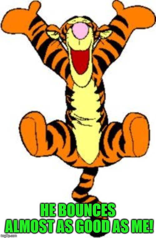 Tigger Bouncing | HE BOUNCES ALMOST AS GOOD AS ME! | image tagged in tigger bouncing | made w/ Imgflip meme maker