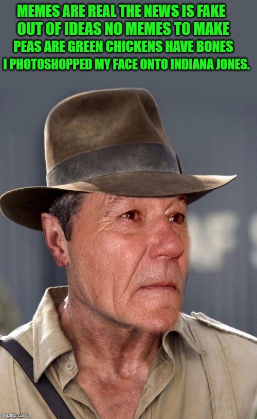 A poem by kewlew | MEMES ARE REAL THE NEWS IS FAKE; OUT OF IDEAS NO MEMES TO MAKE; PEAS ARE GREEN CHICKENS HAVE BONES; I PHOTOSHOPPED MY FACE ONTO INDIANA JONES. | image tagged in kewlew,poem,indiana jones | made w/ Imgflip meme maker