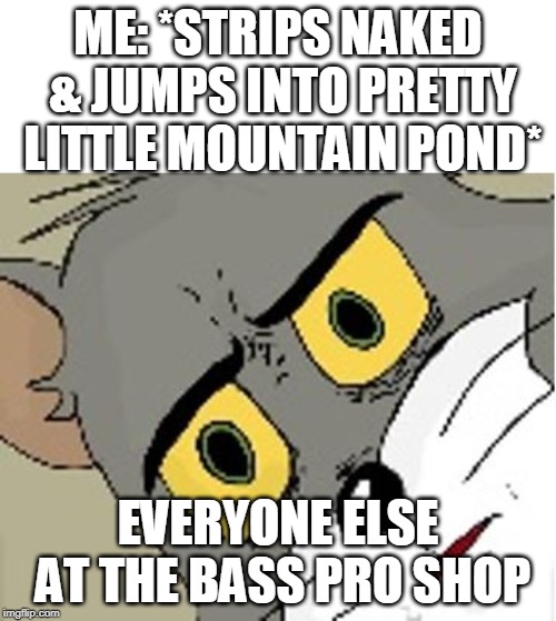 unsettled tom | ME: *STRIPS NAKED & JUMPS INTO PRETTY LITTLE MOUNTAIN POND*; EVERYONE ELSE AT THE BASS PRO SHOP | image tagged in unsettled tom | made w/ Imgflip meme maker