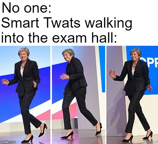 Theresa May Walking | No one:; Smart Twats walking into the exam hall: | image tagged in theresa may walking | made w/ Imgflip meme maker