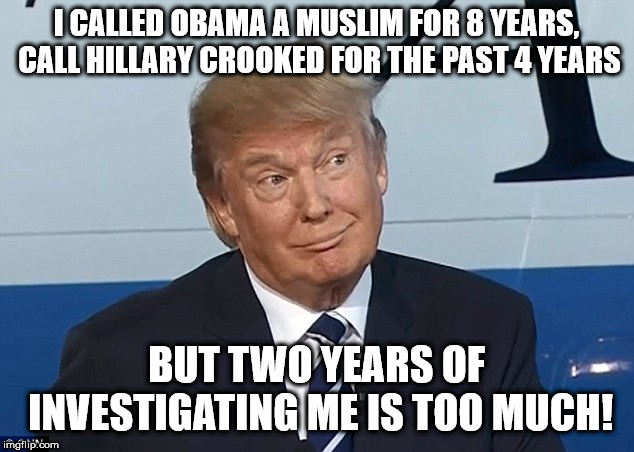 Donald Trump smirk | I CALLED OBAMA A MUSLIM FOR 8 YEARS, CALL HILLARY CROOKED FOR THE PAST 4 YEARS; BUT TWO YEARS OF INVESTIGATING ME IS TOO MUCH! | image tagged in donald trump smirk | made w/ Imgflip meme maker