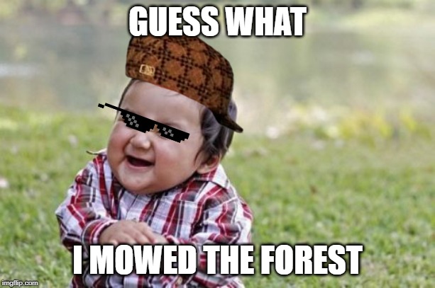 Evil Toddler | GUESS WHAT; I MOWED THE FOREST | image tagged in memes,evil toddler | made w/ Imgflip meme maker