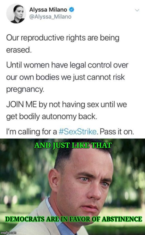 And the abortion rate drops accordingly | AND JUST LIKE THAT; DEMOCRATS ARE IN FAVOR OF ABSTINENCE | image tagged in forrest gump,alyssa milano,abortion,strike,abstinence | made w/ Imgflip meme maker