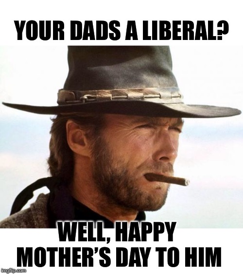 Happy mother’s day | YOUR DADS A LIBERAL? WELL, HAPPY MOTHER’S DAY TO HIM | image tagged in clint eastwood,maga | made w/ Imgflip meme maker