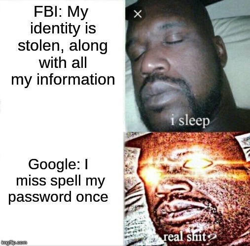 Sleeping Shaq Meme | FBI: My identity is stolen, along with all my information; Google: I miss spell my password once | image tagged in memes,sleeping shaq | made w/ Imgflip meme maker