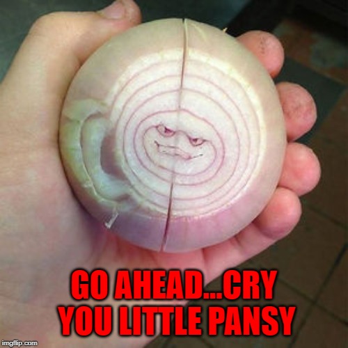 Some onions make you cry in other ways... | GO AHEAD...CRY YOU LITTLE PANSY | image tagged in onions,memes,crying,funny,onion face,mean onion | made w/ Imgflip meme maker