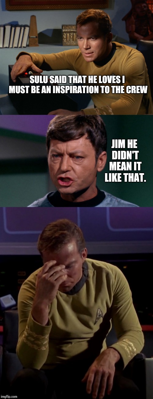 SULU SAID THAT HE LOVES I MUST BE AN INSPIRATION TO THE CREW; JIM HE DIDN'T MEAN IT LIKE THAT. | image tagged in star trek bones,star trek kirk computer,kirk face palm | made w/ Imgflip meme maker